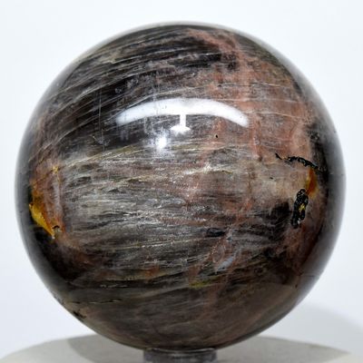 2.8" 1lb Black & Peach Moonstone Sphere Natural Sparkling Holistic Sheen Crystal Ball Feldspar Mineral Polished Stone - Madagascar + Stand