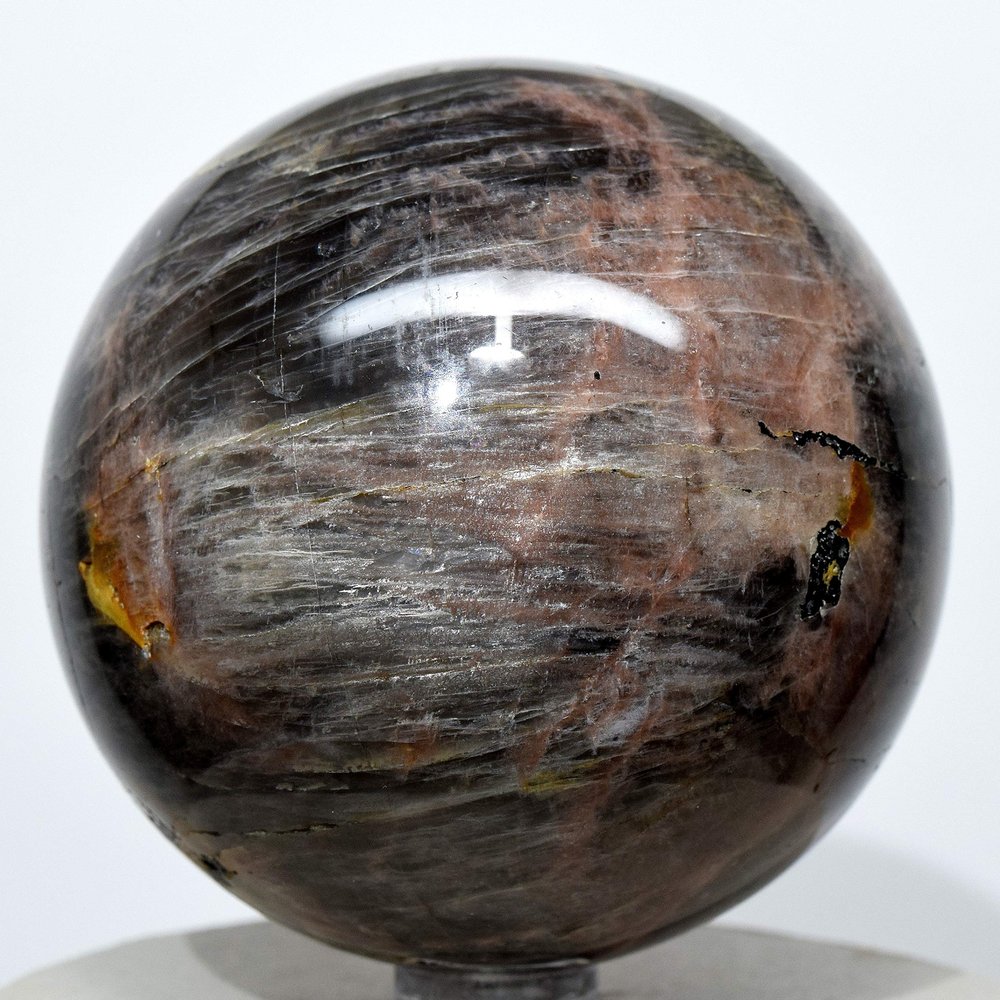 2.8" 1lb Black & Peach Moonstone Sphere Natural Sparkling Holistic Sheen Crystal Ball Feldspar Mineral Polished Stone - Madagascar + Stand