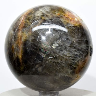 68mm Black Moonstone Sphere Sparkling Natural Feldspar Mineral Ball Holistic Sheen Crystal Polished Stone - Madagascar + Stand