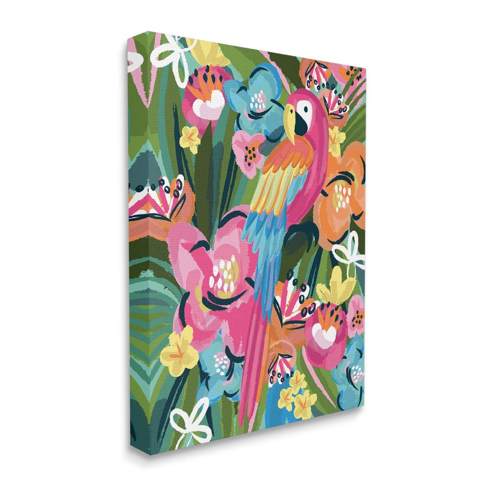 Stupell Industries Tropical Flowers and Parrot Whimsical Florals