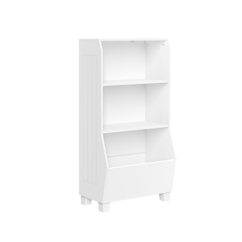 RiverRidge Kids Bookshelf with Veggie Storage Bin and 2 Open Shelves - Kids Storage Organizer, Toy Shelf & Book Shelf with Deep Veggie Bin and Top Toy Display Area