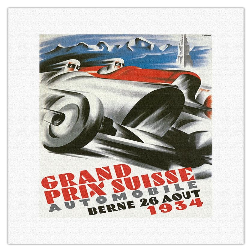 1934 Swiss Grand Prix - Bern Switzerland - Vintage Car Racing Poster - Fine Art Rolled Canvas Print 11in x 14in