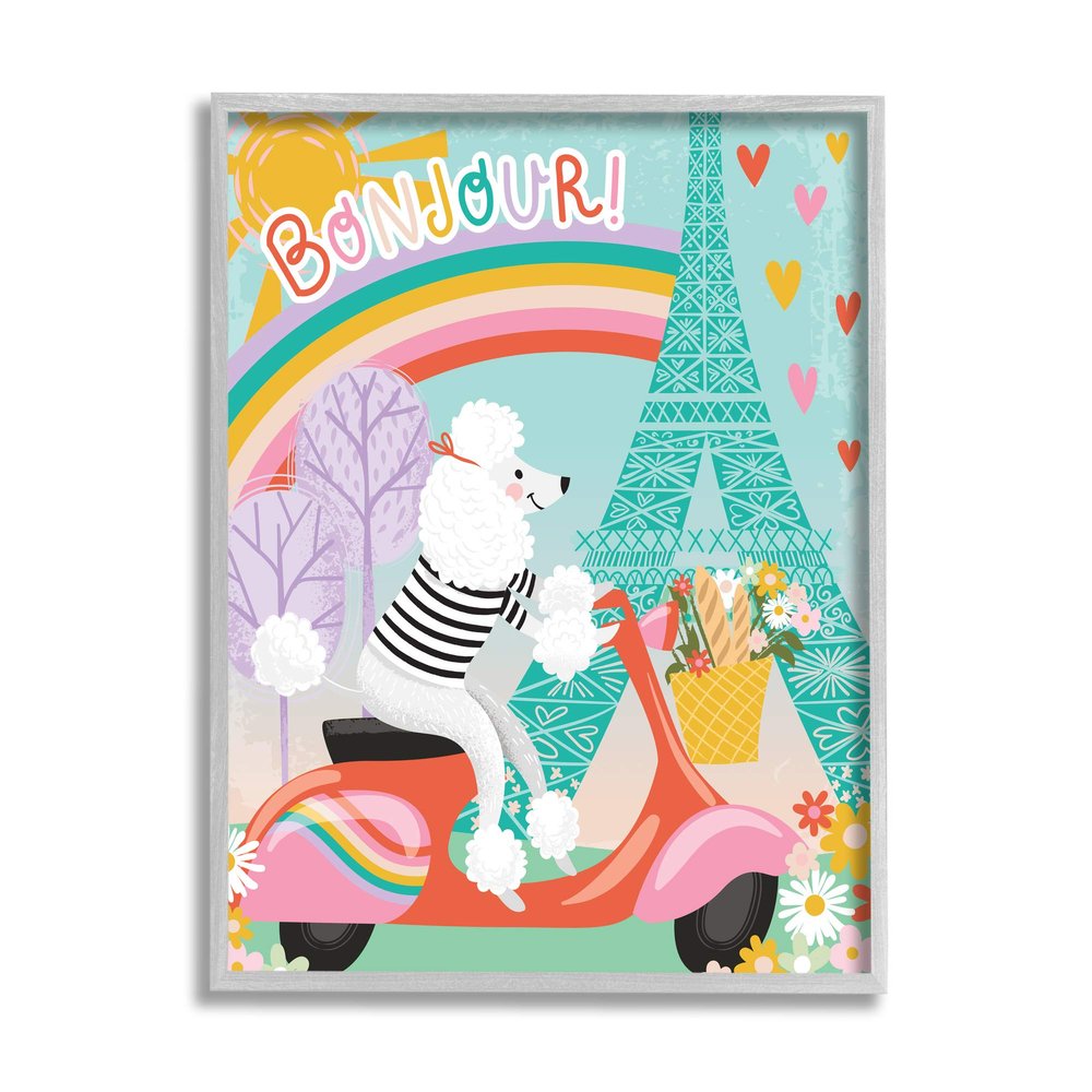 Stupell Industries Poodle Driving Moped Bonjour Eifel Tower