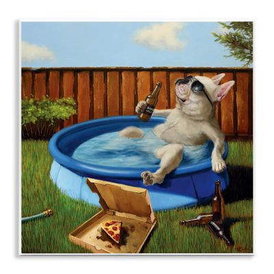 Stupell Industries French Bulldog Drinking Summer Pool Pet Humor, Designed by Lucia Heffernan Wall Plaque, 12 x 12, Beige