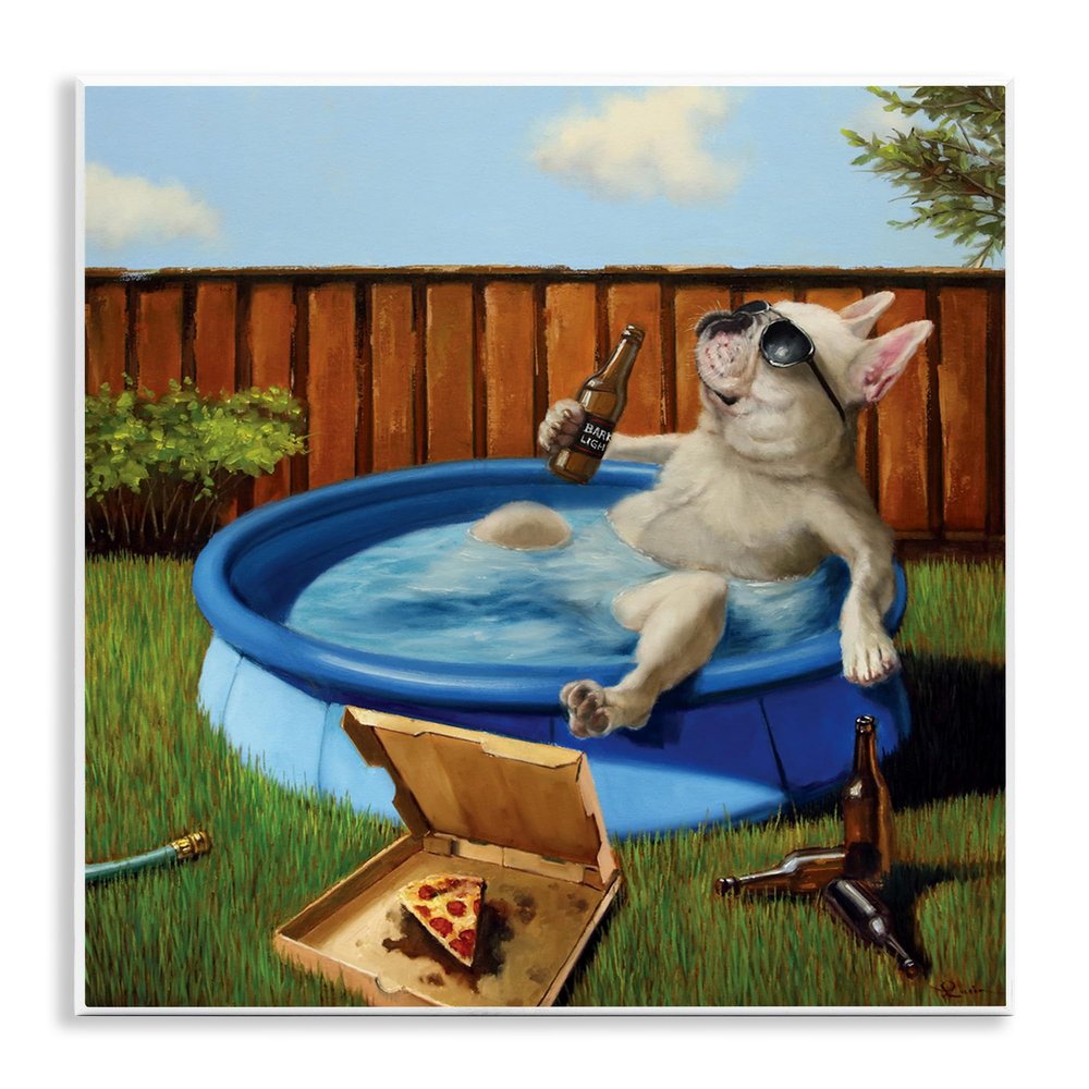Stupell Industries French Bulldog Drinking Summer Pool Pet Humor, Designed by Lucia Heffernan Wall Plaque, 12 x 12, Beige