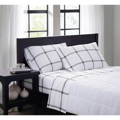 TRULY SOFT Printed Windowpane White and Charcoal Grey Polyester 4-Piece King Sheet Set, Geometric Themed, for Men and Women, Oeko-TEX Certified Confidence