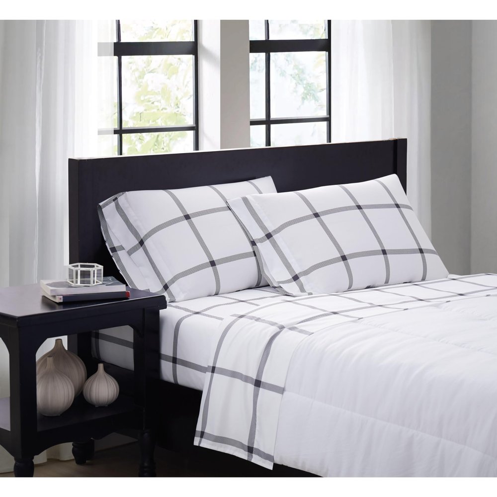 TRULY SOFT Printed Windowpane White and Charcoal Grey Polyester 4-Piece King Sheet Set, Geometric Themed, for Men and Women, Oeko-TEX Certified Confidence
