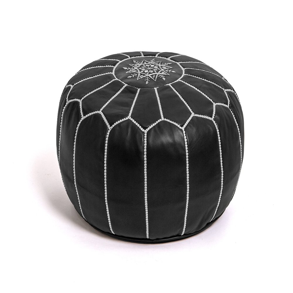 KING OF HANDMADE Premium Moroccan Leather Pouf Cover - Round & Large Ottoman Footstool Cover with Embroidery - Cover ONLY - Perfect for The Living Room Bedroom, Kids Room, Gift & Wedding (Black 20)