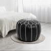 KING OF HANDMADE Premium Moroccan Leather Pouf Cover - Round & Large Ottoman Footstool Cover with Embroidery - Cover ONLY - Perfect for The Living Room Bedroom, Kids Room, Gift & Wedding (Black 20) view 2