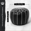 KING OF HANDMADE Premium Moroccan Leather Pouf Cover - Round & Large Ottoman Footstool Cover with Embroidery - Cover ONLY - Perfect for The Living Room Bedroom, Kids Room, Gift & Wedding (Black 20) view 3