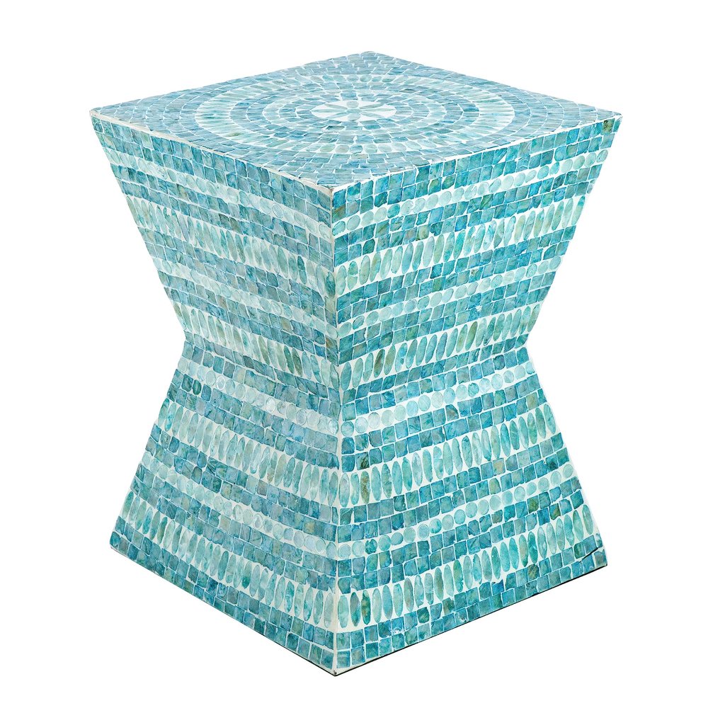 A&B Home Small Side Table, Geometric Desigh Coffee Table Capiz Stool, Mother of Pearl Round Accent Table, Living Room Plant Stand, Cream & Gold, 14" x 14" x 18"