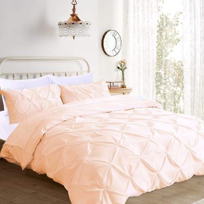 Royal Sheet 600 Thread Count 3 Piece Pinch Pleated Duvet Cover Set with Zipper Closure and Corner Ties - 100% Egyptian Cotton - Pintuck King/Cal King 94" X 104" Peach Solid