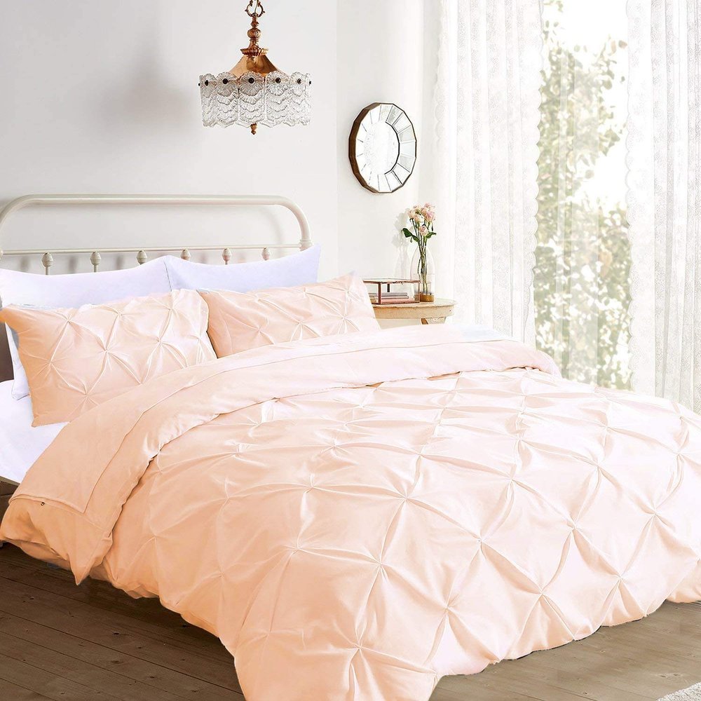 Royal Sheet 600 Thread Count 3 Piece Pinch Pleated Duvet Cover Set with Zipper Closure and Corner Ties - 100% Egyptian Cotton - Pintuck King/Cal King 94" X 104" Peach Solid