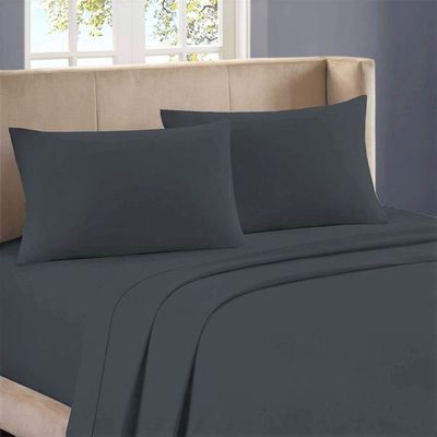 1000-Thread-Count 100% Egyptian Cotton Bed Sheet, 4-Pc King Dark Grey Solid Sheet Set Single Ply Long Staple Cotton Yarns, Sateen Weave, Fits Mattress Upto 10" Deep Pocket