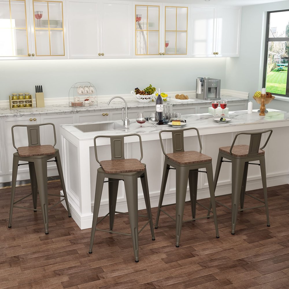 Aklaus Metal Farmhouse Swivel Bar Stools Set of 4, 24'' High, Rusty Finish, Square Shape, Kitchen Island Stools, 330lbs Capacity, Easy Assembly