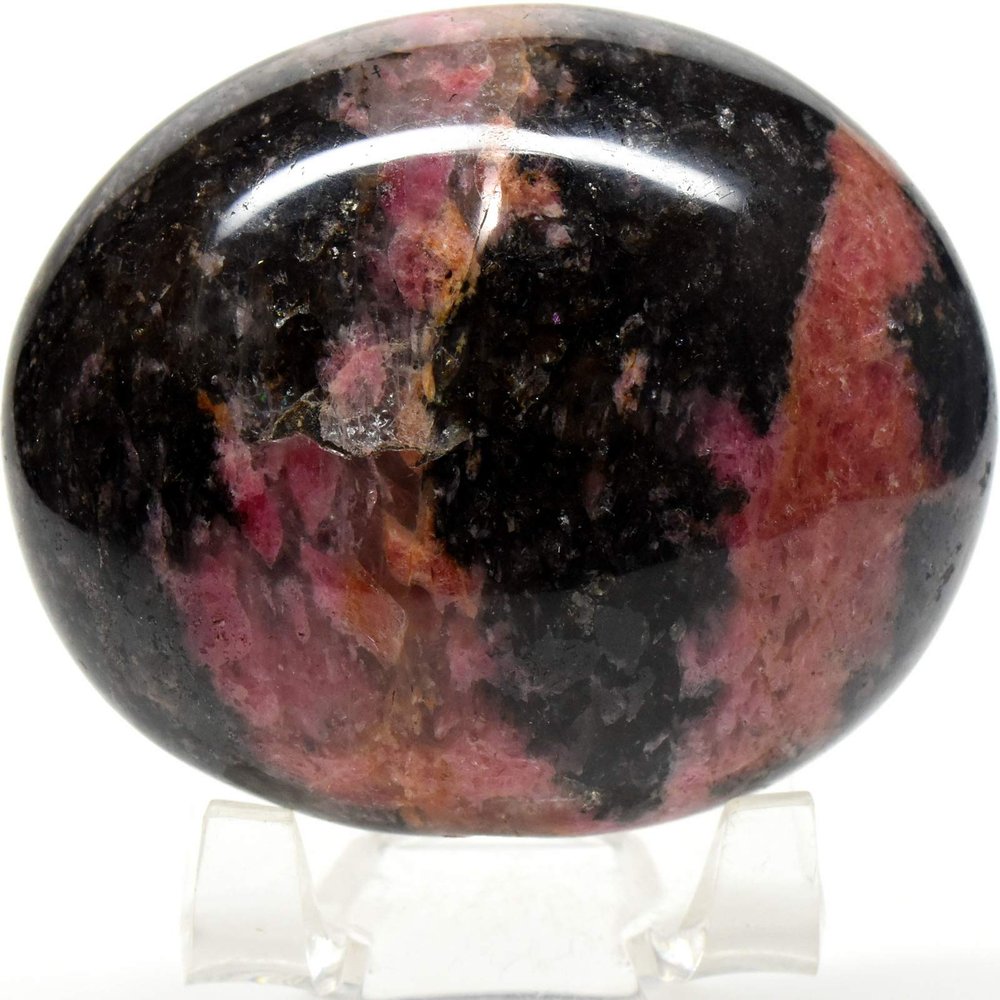 2.5" 215g Pink Orange Rhodonite in Black Psilomelane Palm Stone Polished Natural Gemstone Crystal Mineral Pebble Specimen - Madagascar