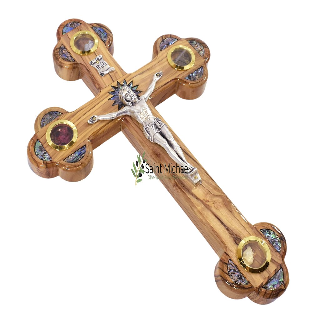 11 Inches wooden wall hanging cross from the holy land made of olive wood-mother of pearl, stars and four glasses, gift for the Easter and christmas