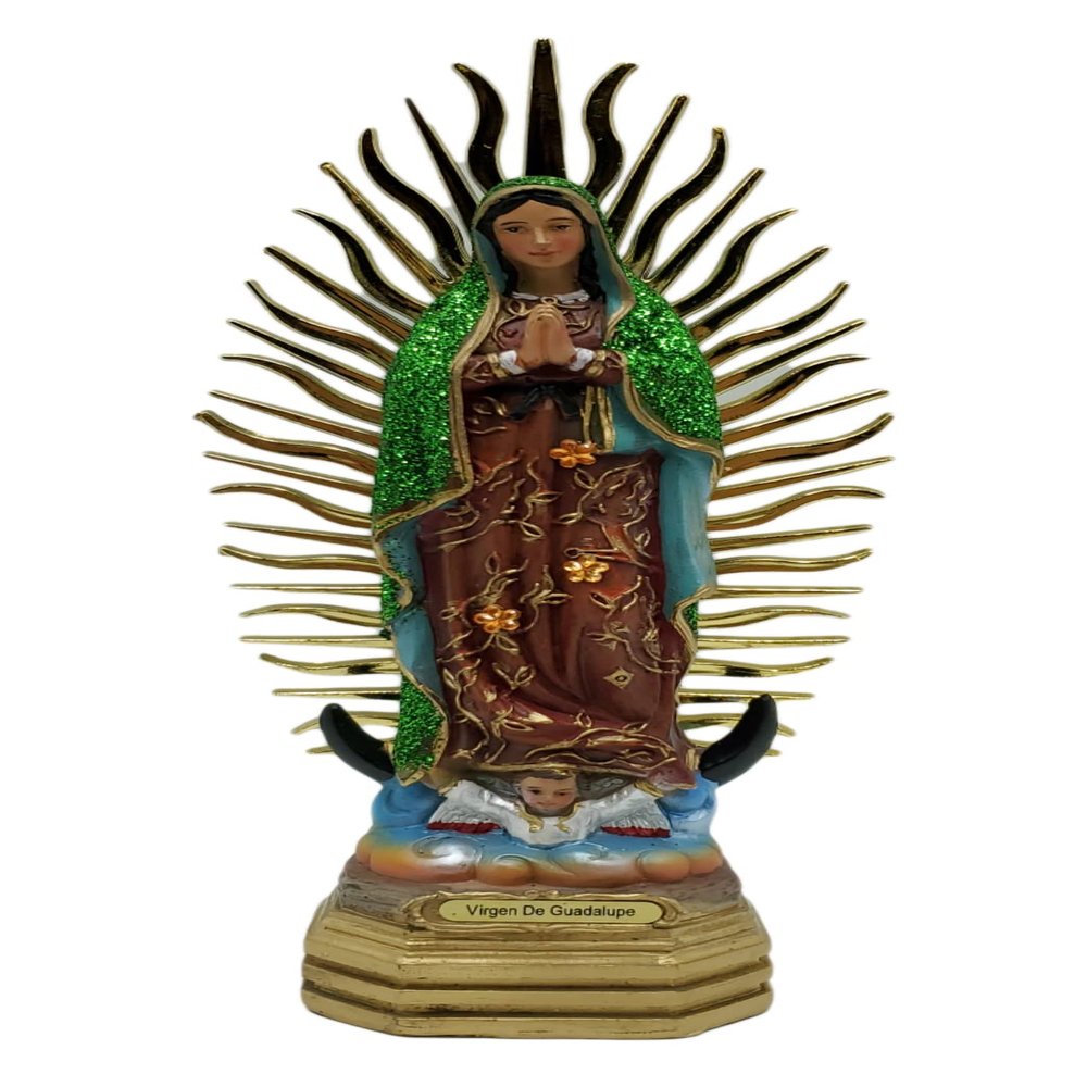 8" Inch Our Lady of Guadalupe Glitter Golden Rays from The Sun Virgin Mary Statue Virgen Imagen Estatua Religious Gift
