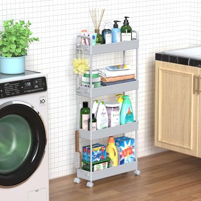 SOLEJAZZ Slim Rolling Storage Cart with Wheels 4 Tier Skinny Bathroom Storage Organizer Narrow Shelf Unit Thin Laundry Room Utility Cart for Bedside Kitchen Office Next to Fridge Small Places, Gray