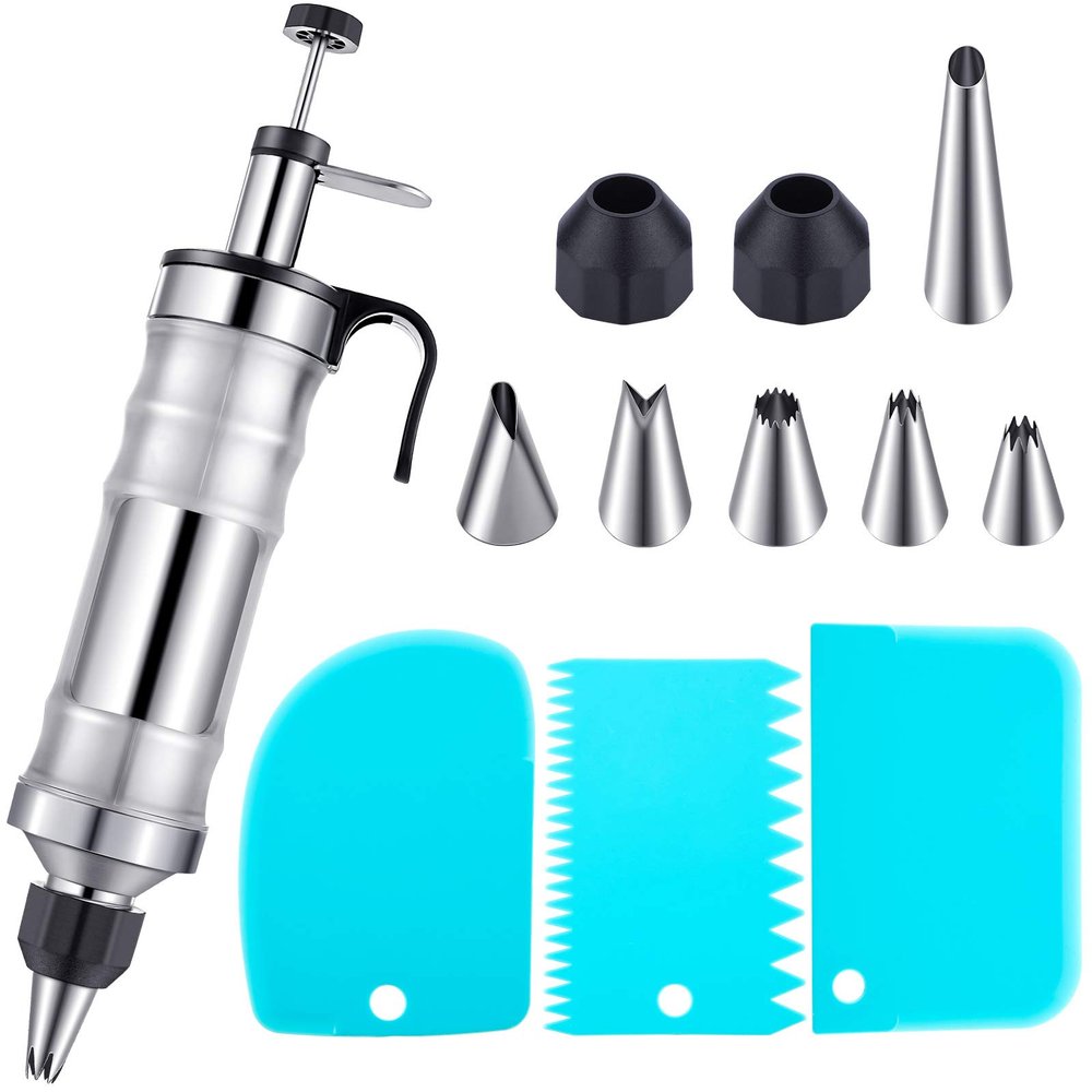 Patelai Cake Decorating Syringe Set, Stainless Steels Dessert Frosting Piping Kit with 6 Icing Piping Tips 3 Cream Scraper for Cupcake Decorating Tools(Black, Blue)