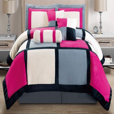 Masterplay 7 Piece Pink, Grey Color Bedding (104inchX 92inch) Comforter Set Micro Suede Bed in A Bag Patchwork Bedding, King