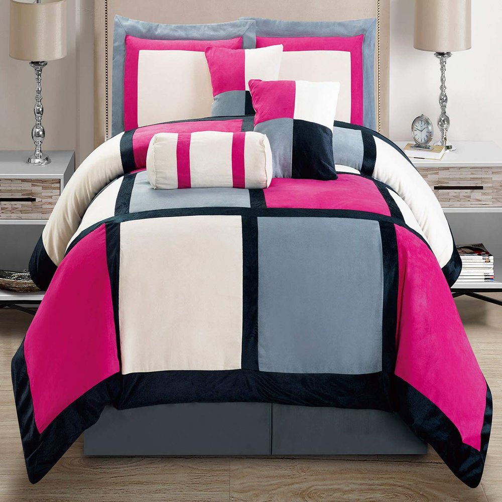 Masterplay 7 Piece Pink, Grey Color Bedding (104inchX 92inch) Comforter Set Micro Suede Bed in A Bag Patchwork Bedding, King
