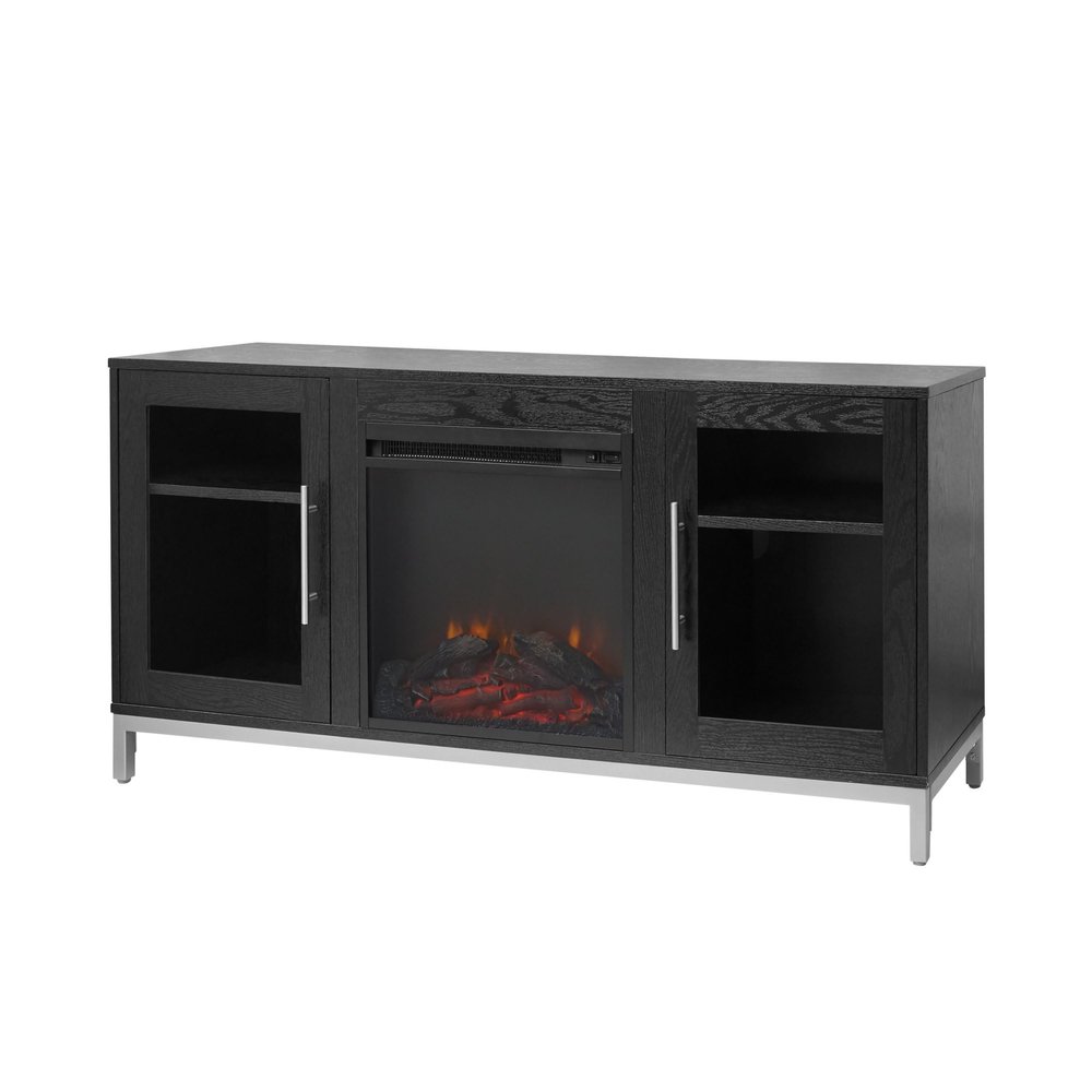 Teamson Home Lainey 54" Wooden Entertainment Center with Fireplace, Two Glass Door Cabinets, Black