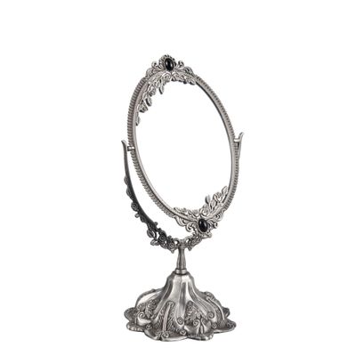 Feyarl Small Vintage Makeup Mirror Floral Tabletop Oval Vanity Mirror with Stand Dressing Room Swivel Double Sided Elegant Decorative Mirror Embossed Frame (Pewter)