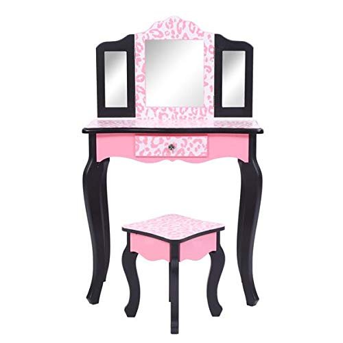 AUTOKOLA Home Three-Fold Mirror Single Drawer Arc Feet Children Dresser Red Leopard Print 3-7 Days Delivery