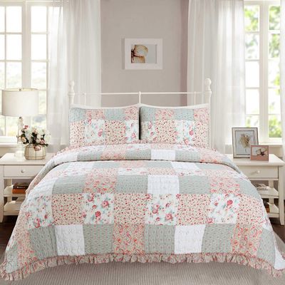 Cozy Line Home Fashions Tea Party Floral & Paisley Garden 3-Piece Pink Blue Yellow Green Ruffle Patchwork Cotton Reversible King Quilt Bedding Set