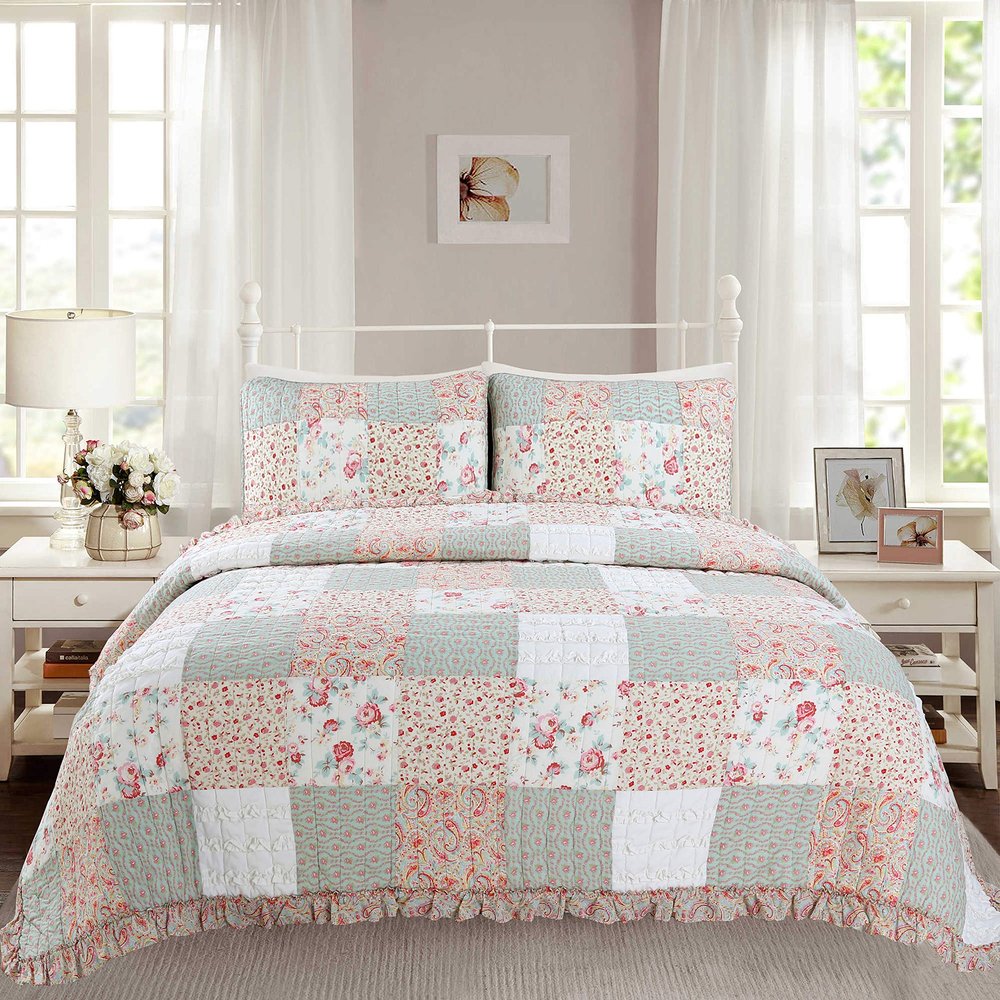 Cozy Line Home Fashions Tea Party Floral & Paisley Garden 3-Piece Pink Blue Yellow Green Ruffle Patchwork Cotton Reversible King Quilt Bedding Set