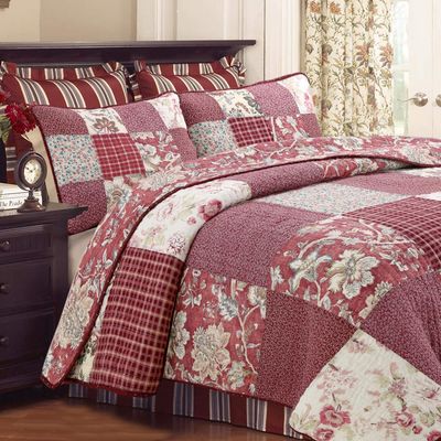 Cozy Line Home Fashions 100% Cotton True Patchwork Reversible Red Rose Plaid Floral Quilt Bedding Set, Coverlet Bedspread (Vintage Garden, King - 3 Piece)