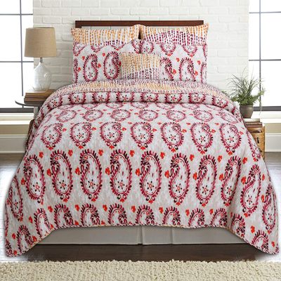 3-Piece Queen Size Cotton Paisley Leaf Floral Henna Stripe Beige Red Orange Coral Flowers Reversible Quilt Bedding Set