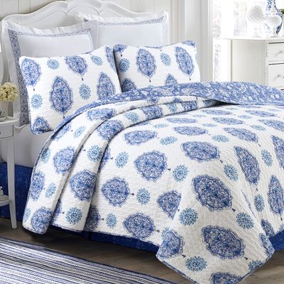 3-Piece King Size Cotton Navy Blue Emerson Paisley Kaleidoscope Medallion Reversible Quilt Bedding Set