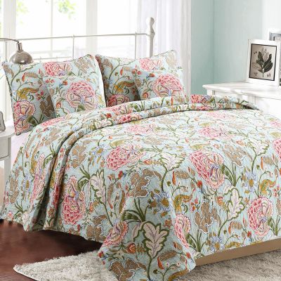 3-Piece Queen Size Cotton Blooming Camellia Flower Garden Red Coral Sage Green Reversible Queen Quilt Bedding Set
