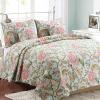 3-Piece Queen Size Cotton Blooming Camellia Flower Garden Red Coral Sage Green Reversible Queen Quilt Bedding Set view 1