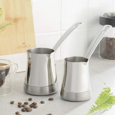 Karaca Win Turkish Coffee Pot with Metal Handles for Stove, Stainless Steel & Elegant Turkish Cezve for Briki Greek, and Arabic Coffee (Set of 2)