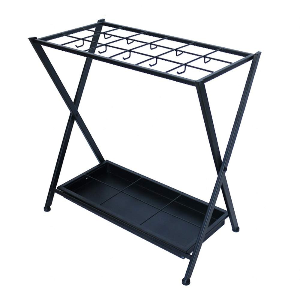Umbrella Racks Folding Black Umbrella Stand, Stable Metal Umbrella Bucket with Water Storage Tray, 18 Holes and 10 Hooks, Suitable for Hotel Business, 54x30x55cm