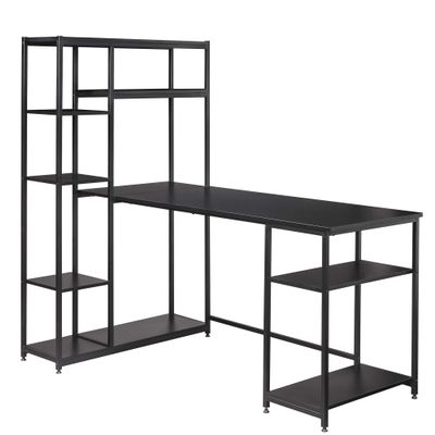 Beyamis Office Computer Desk with Multiple Storage Shelves, Modern Large Office Desk with Bookshelf and Storage Space(Black)