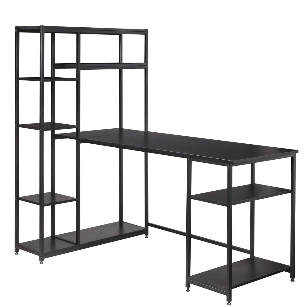 Beyamis Office Computer Desk with Multiple Storage Shelves, Modern Large Office Desk with Bookshelf and Storage Space(Black)