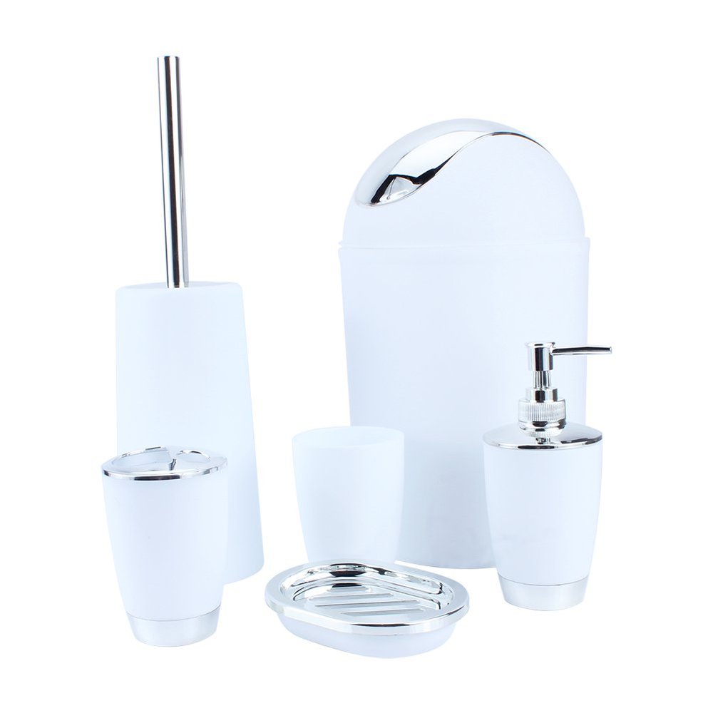 Bathroom Accessories Set, 6 Piece Modern Bath Accessory Bathroom Supplies Set Includes Emulsion Bottle, Tooth Brush Holder, Dish, Gargle Cup, Bin and Toilet Brush for Housewarming