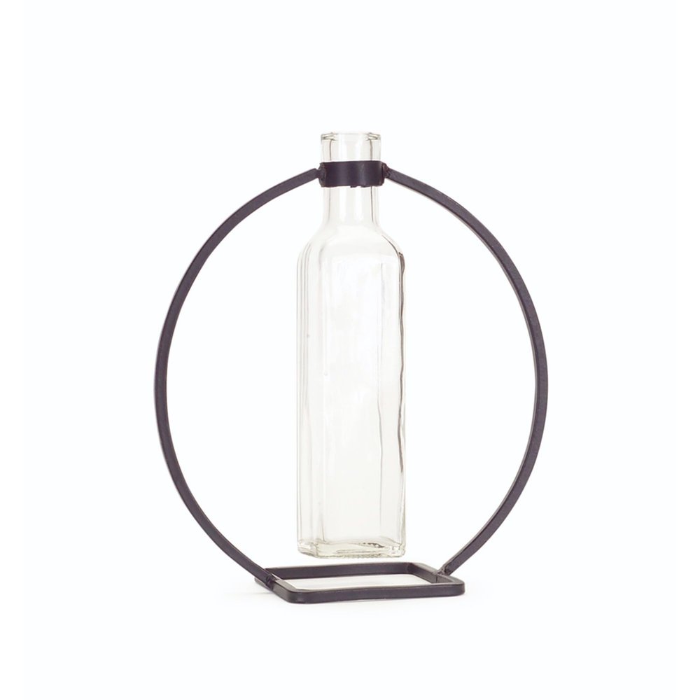 Contemporary Home Living Set of 4 Brown and Clear Glass Hanging Vases in Circle Stand 9"
