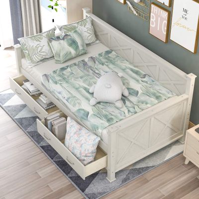 Bellemave Twin Size Daybed with Storage Drawers, Wooden X-Shaped Frame, Modern Rustic Casual Style (White)