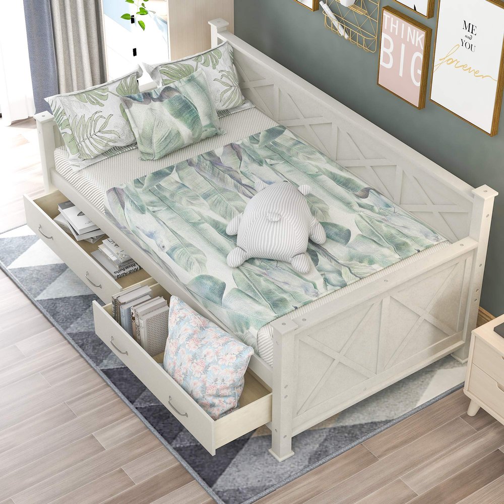 Bellemave Twin Size Daybed with Storage Drawers, Wooden X-Shaped Frame, Modern Rustic Casual Style (White)