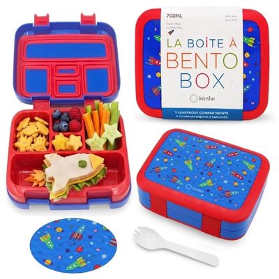 Kinsho Bento Lunch Box for Kids Toddlers, 5 Portion Control Sections, BPA Free Removable Plastic Tray, Pre-School Kid Toddler Daycare Lunches, Snack Container Ages 3 to 7 (Blue Space Rockets)