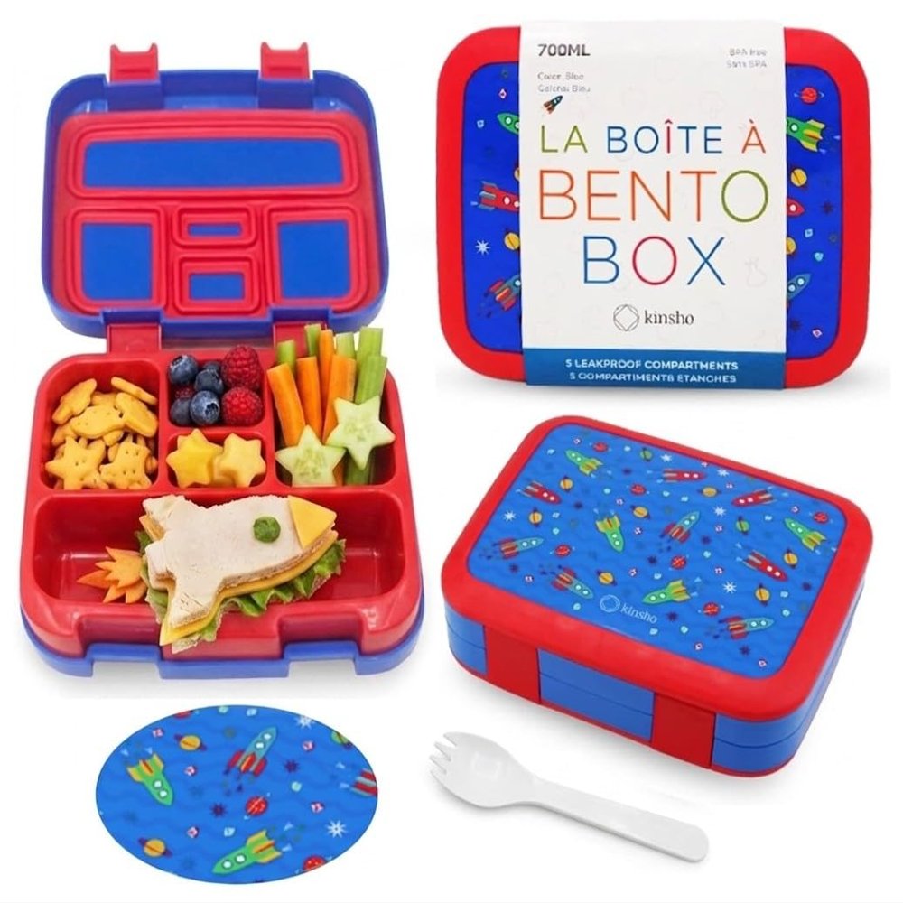 Kinsho Bento Lunch Box for Kids Toddlers, 5 Portion Control Sections, BPA Free Removable Plastic Tray, Pre-School Kid Toddler Daycare Lunches, Snack Container Ages 3 to 7 (Blue Space Rockets)