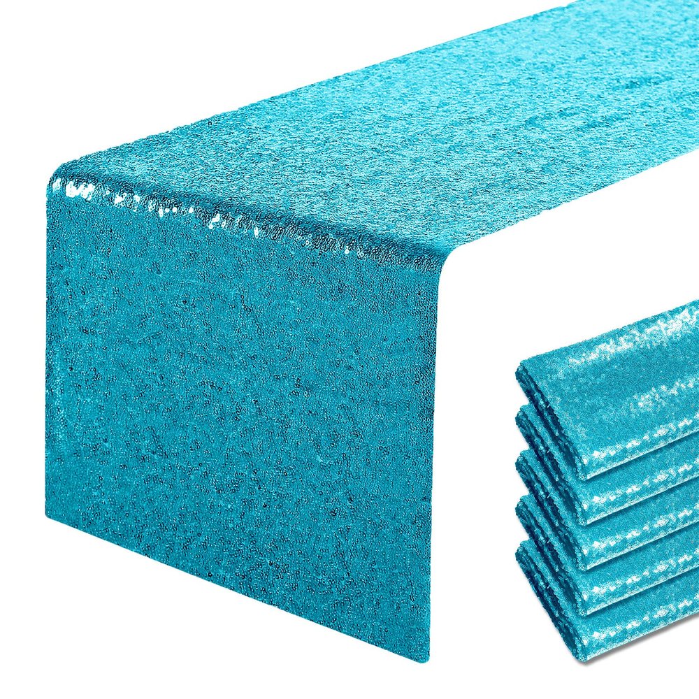 6 Packs 12 x 72 inches Turquoise Sequin Table Runner, Glitter Runner for Birthday Party Supplies Decorations Wedding Bachelorette Holiday Celebration Bridal Shower Baby Shower