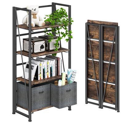 4NM No Assembly Folding Bookshelf Storage Shelves 4 Tiers Vintage Bookcase Standing Racks Study Organizer Home Office (Rustic Brown Black)