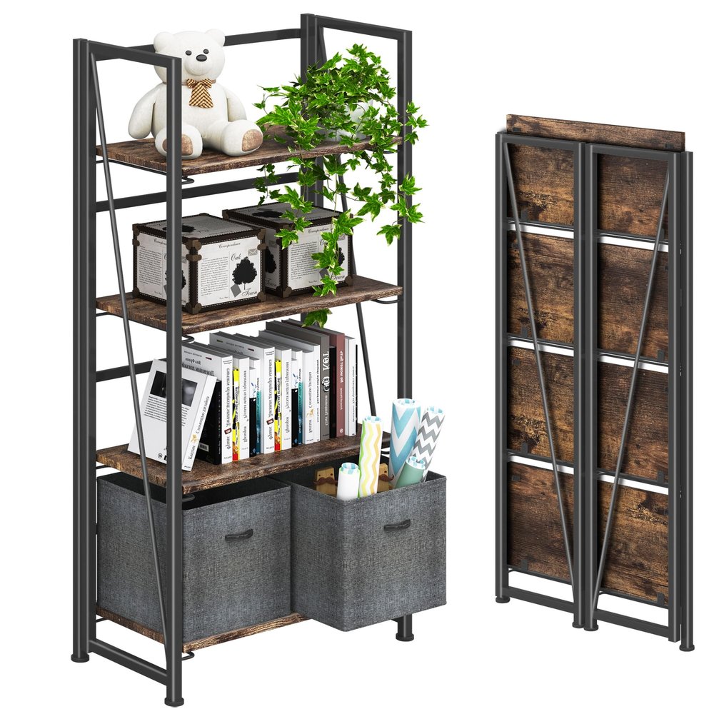 4NM No Assembly Folding Bookshelf Storage Shelves 4 Tiers Vintage Bookcase Standing Racks Study Organizer Home Office (Rustic Brown Black)