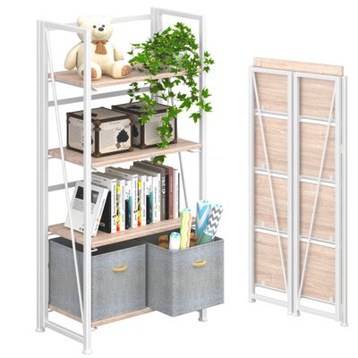 4NM No Assembly Folding Bookshelf Storage Shelves 4 Tiers Vintage Bookcase Standing Racks Study Organizer Home Office (Natural White)